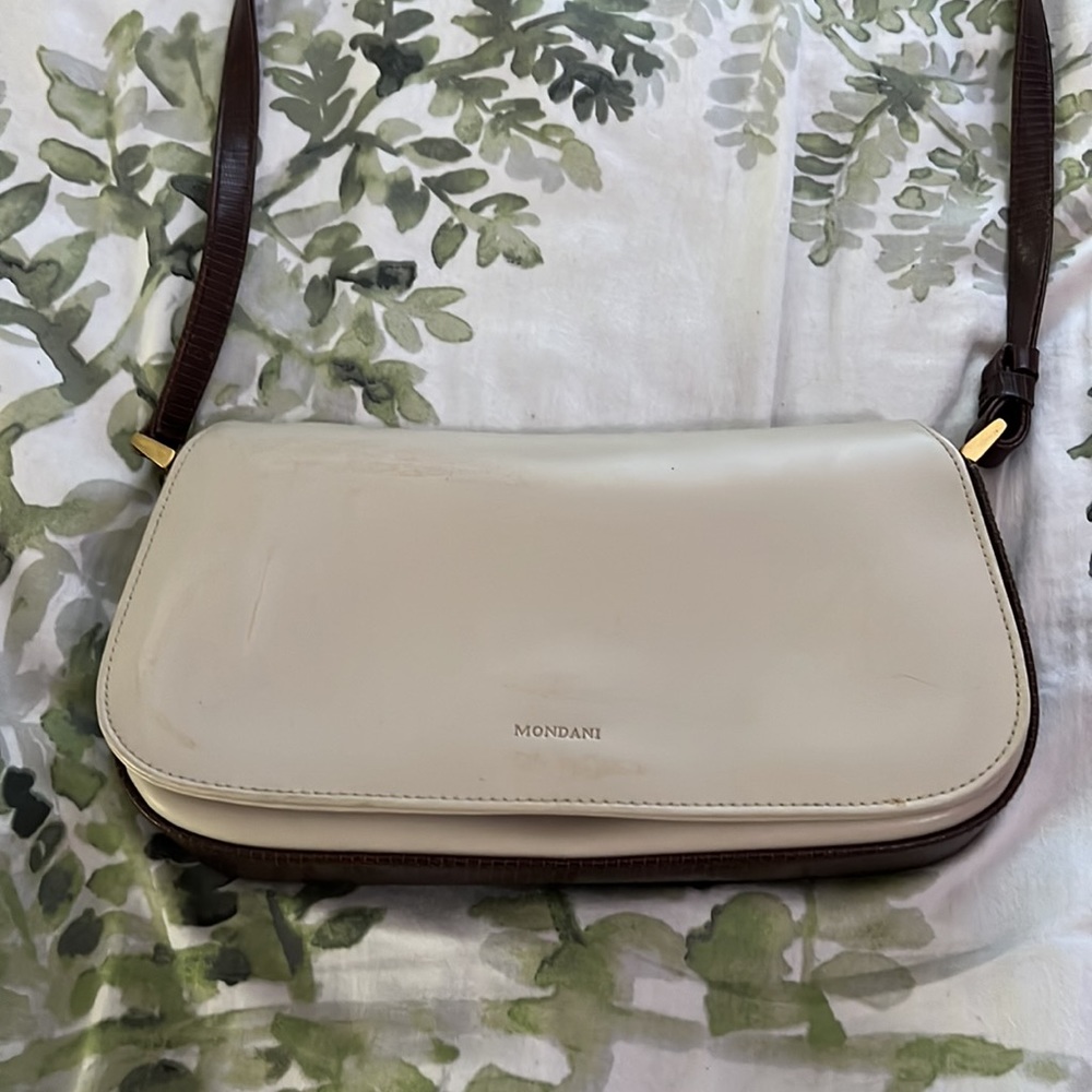 Available- Vintage Y2K Brown and Cream Faux Leather 2000s Shoulder Bag Small - Picture 3 of 5